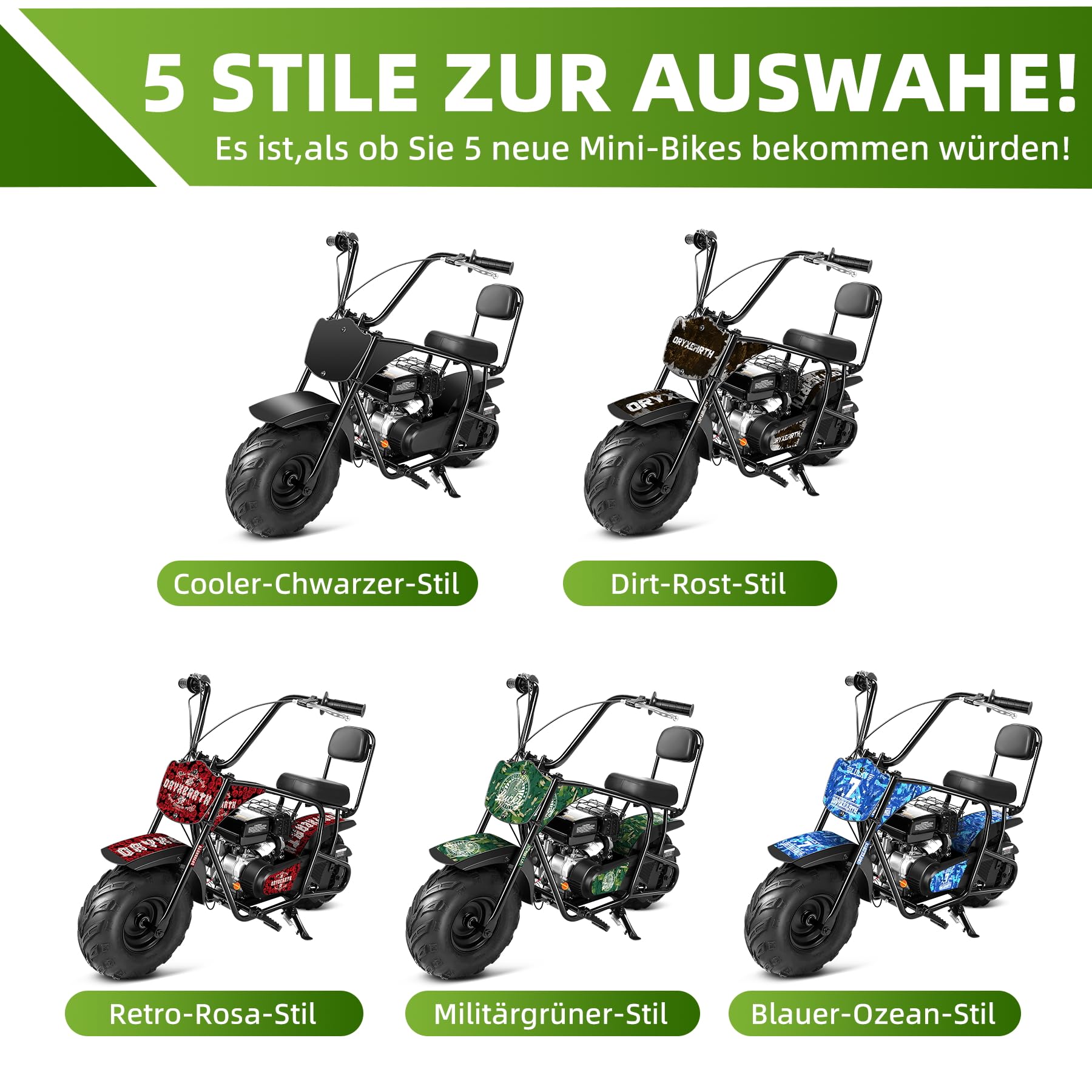 Oryxearth 99CC 4-Tempi Dirt Bike Pocket Bike, Moto da Cross per Bambini Benzina, Ruota Offroad a Larghezza, Moto da Cross per Bambini, Moto da Motocross, Adesivi Fai-da-Te Mini Moto dai 13 Anni (Verde