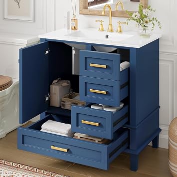 Mirightone 30" Bathroom Vanity with Sink, 30 Inch Bathroom Vanity with Top, 3 Drawers and 1 Soft Closing Door, Modern Bathroom Vanity with Sink 30 Inch for Bathroom Blue