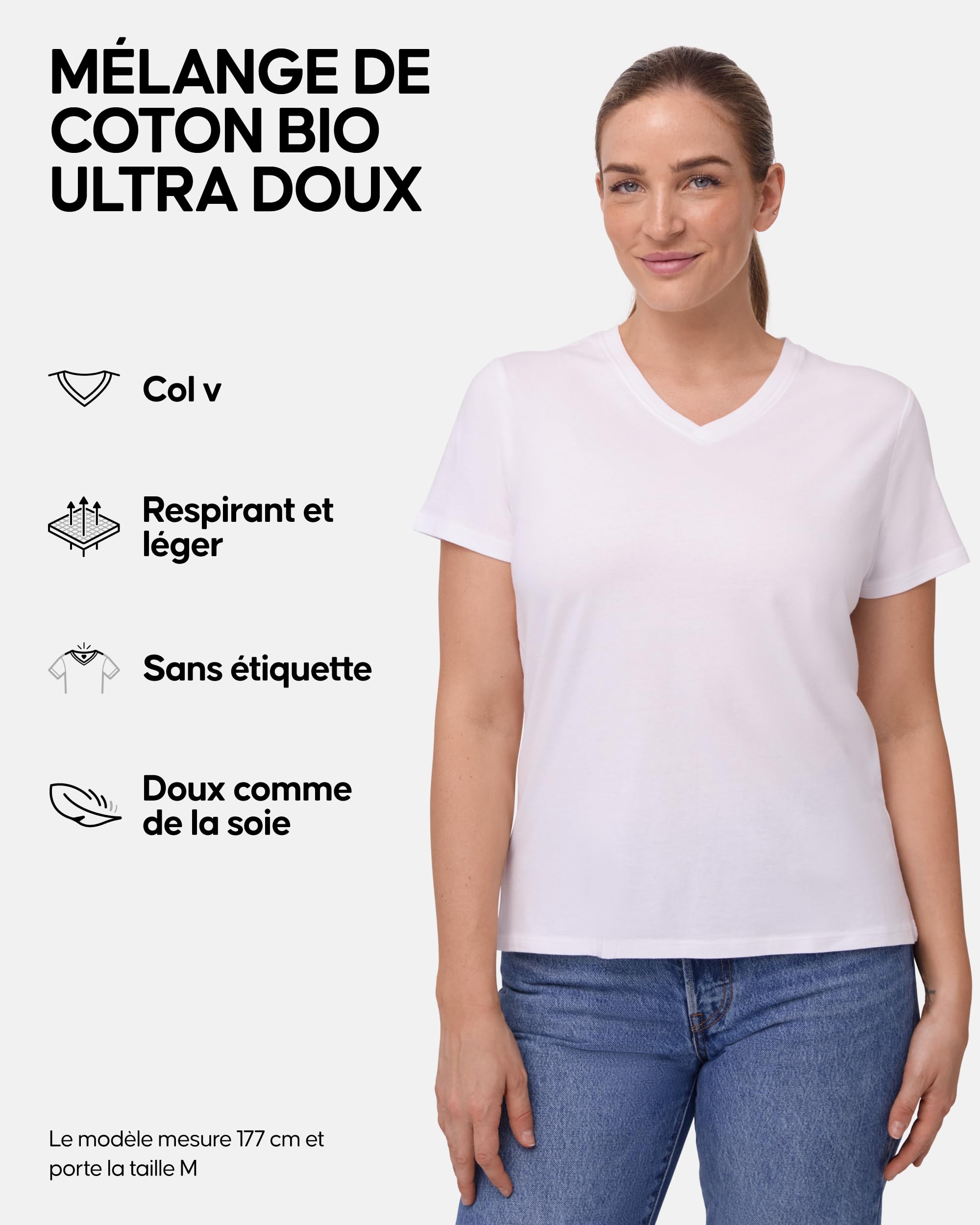 DANISH ENDURANCE T-Shirts pour Femme, Hauts en Coton Bio, Multipack, Col Rond ou V, Manches Courtes, Mélange Doux Prémium, Lot de 2