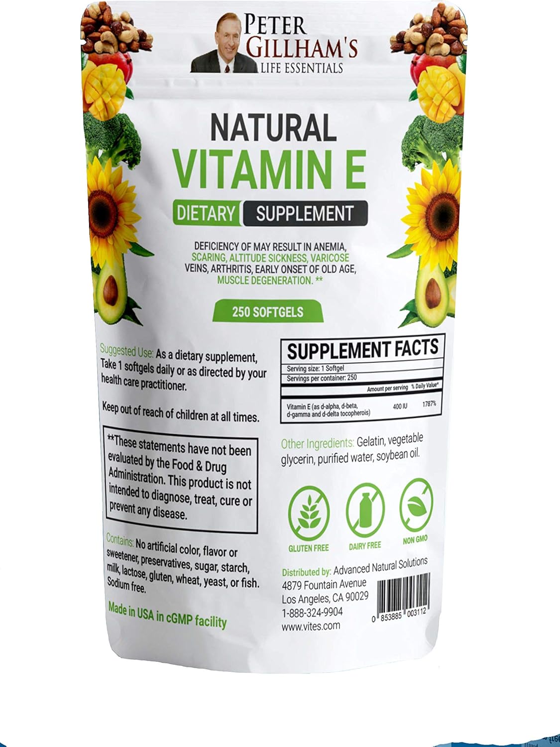 Peter Gillham's Life Essentials, Natural Vitamin E 400IU, 250 Softgel Capsules, Antioxidant and Skin Support, Gluten Free, Made in USA