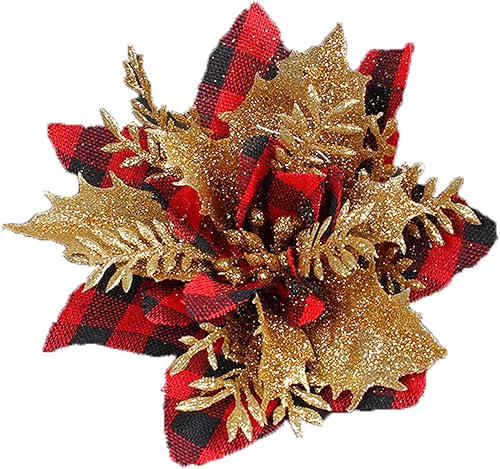 24 flores de Pascua de Navidad de 4.7 pulgadas con purpurina roja búfalo a cuadros de flores de nochebuena para adornos de árbol de Navidad, flores