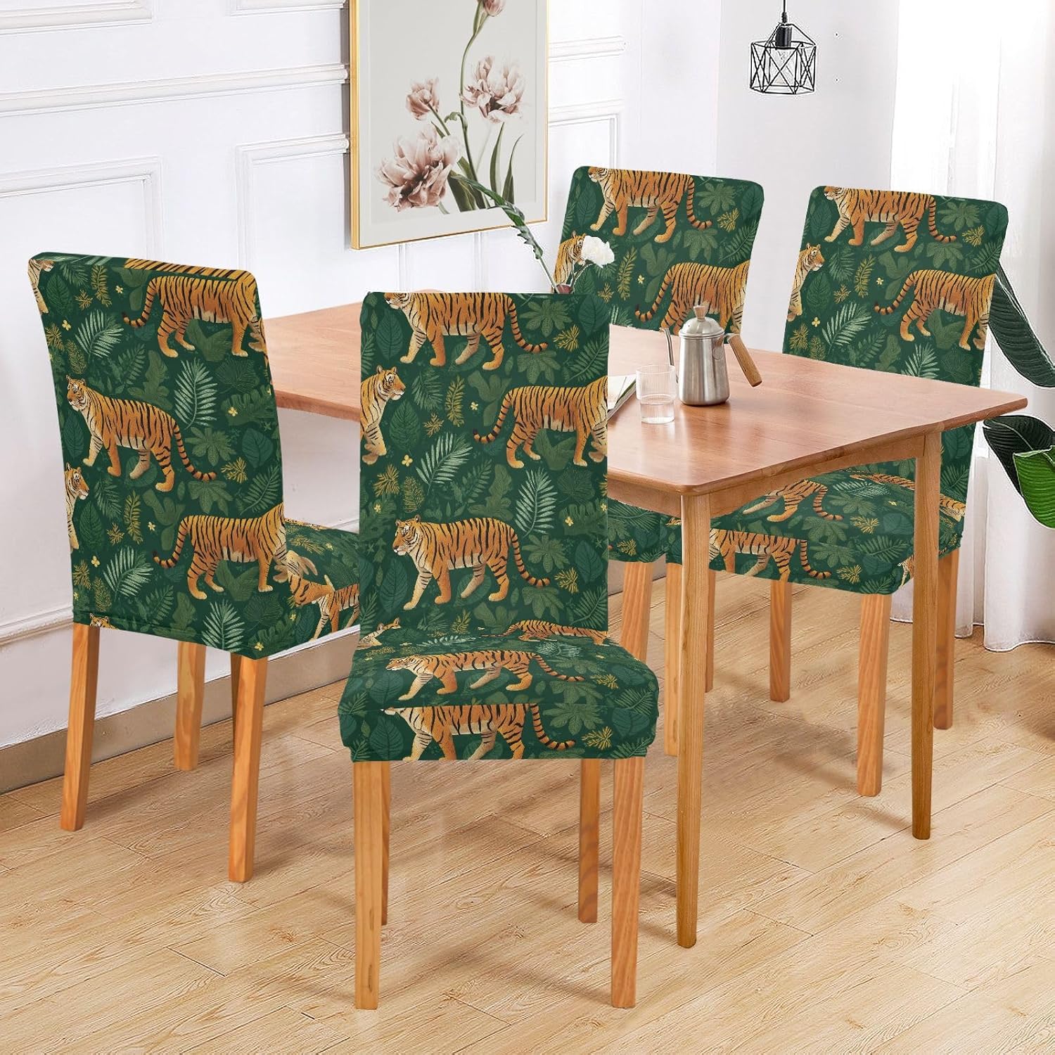 ALAZA Chair Covers for Dining Room, Tiger on Green Flower Leave Stretch Chair Cover Sets Chair Protector Removable Washable for Ktichen Restaurant Hotel