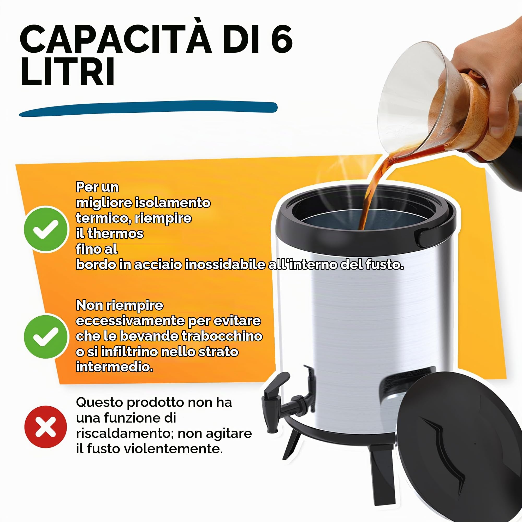 Thermos Grande - Thermos contenitore 6L portatile - Dispenser di bevande termiche con rubinetto - Dispenser di bevande fredde/calde, acqua, caffè - per catering, hotel, eventi o riunioni - acciaio