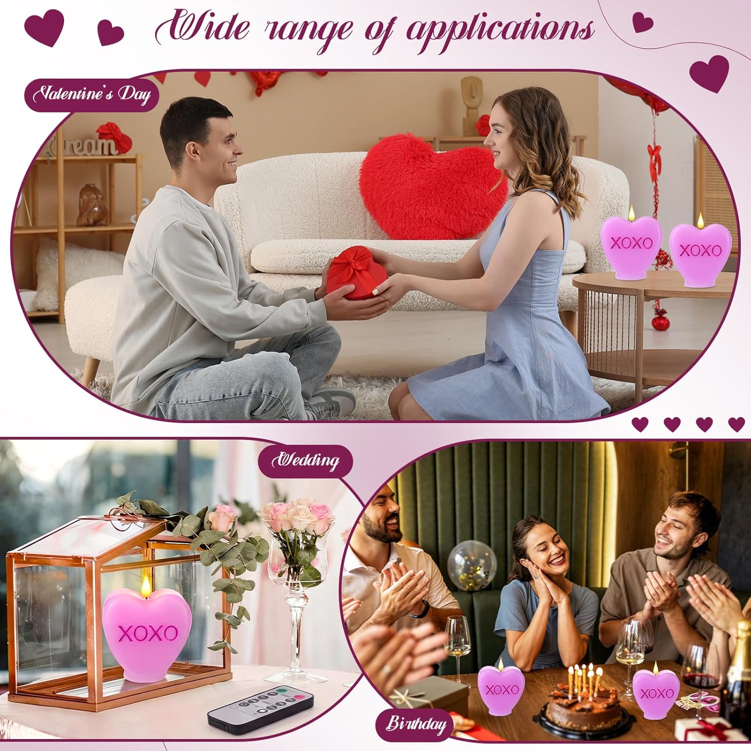 Retisee 2 Pcs Valentines Day Flameless Heart Shaped LED Candles Candy Heart XOXO Candle Romantic Valentine Collection Decor Battery Operated with Remote Handmade for Wedding Anniversary,5.12 Inch