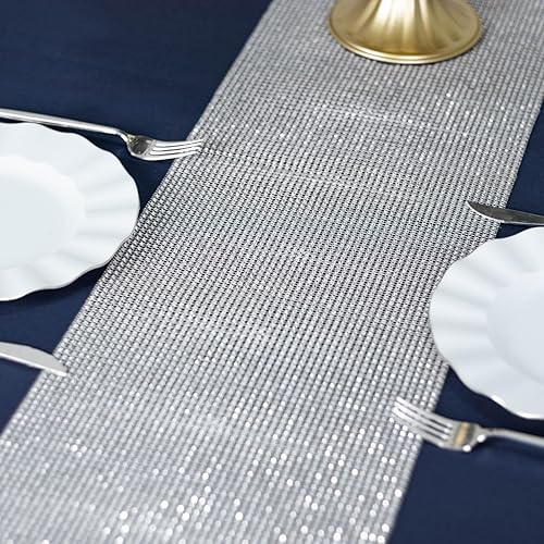 Efavormart - Camino de mesa de 10 x 108 pulgadas con diamantes de imitación de cristal plateado brillante, rollo de cinta de malla de diamantes