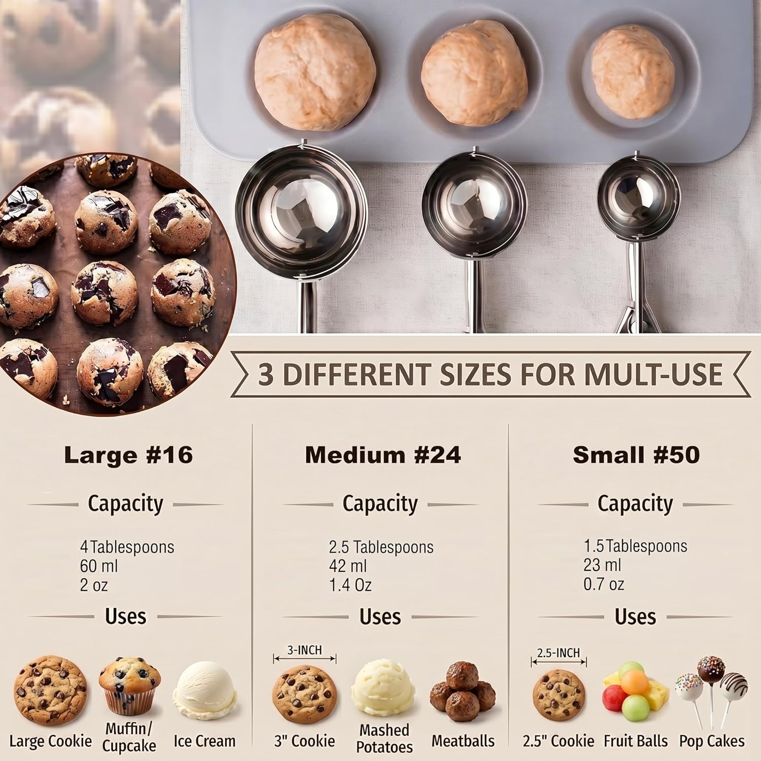 Ice Cream Scoop, 3Pcs Cookie Scoop Set, Stainless Steel Ice Cream Scooper with Trigger Release, Large/Medium/Small Cookie Scooper for Baking, Cookie Scoops for Baking Set of 3 with Cookie Dough Scoop…