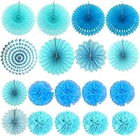 Vista 7 de ZERODECO - Decoración para fiestas, 21 abanicos de papel azul colgantes, pompones, flores, guirnaldas, tiras de lunares y banderines triangulares