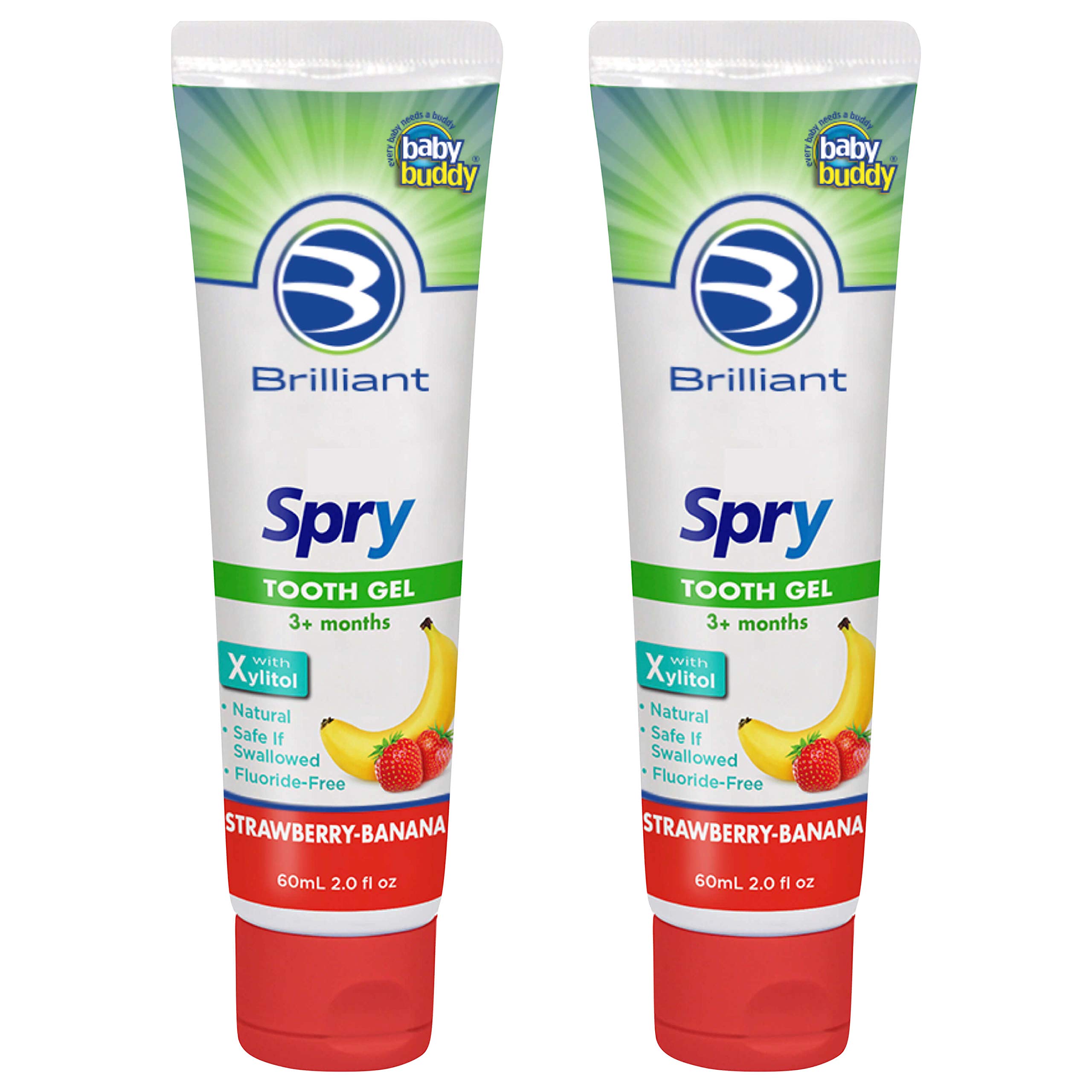 Oral Care Kids Fluoride Free Toothpaste, Spry Gel with Xylitol, Strawberry Banana Flavor for Ages 3+ Months, 2 fl oz, 2 Pack