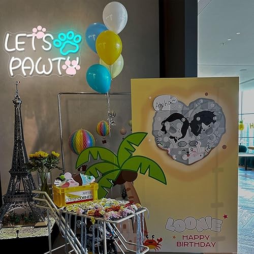 Miniatura 8 de Lets Paw-ty - Letrero de neón para fiesta de cumpleaños de perro y gato, luces de neón regulables, USB con estampado de patas de mascotas, letrero