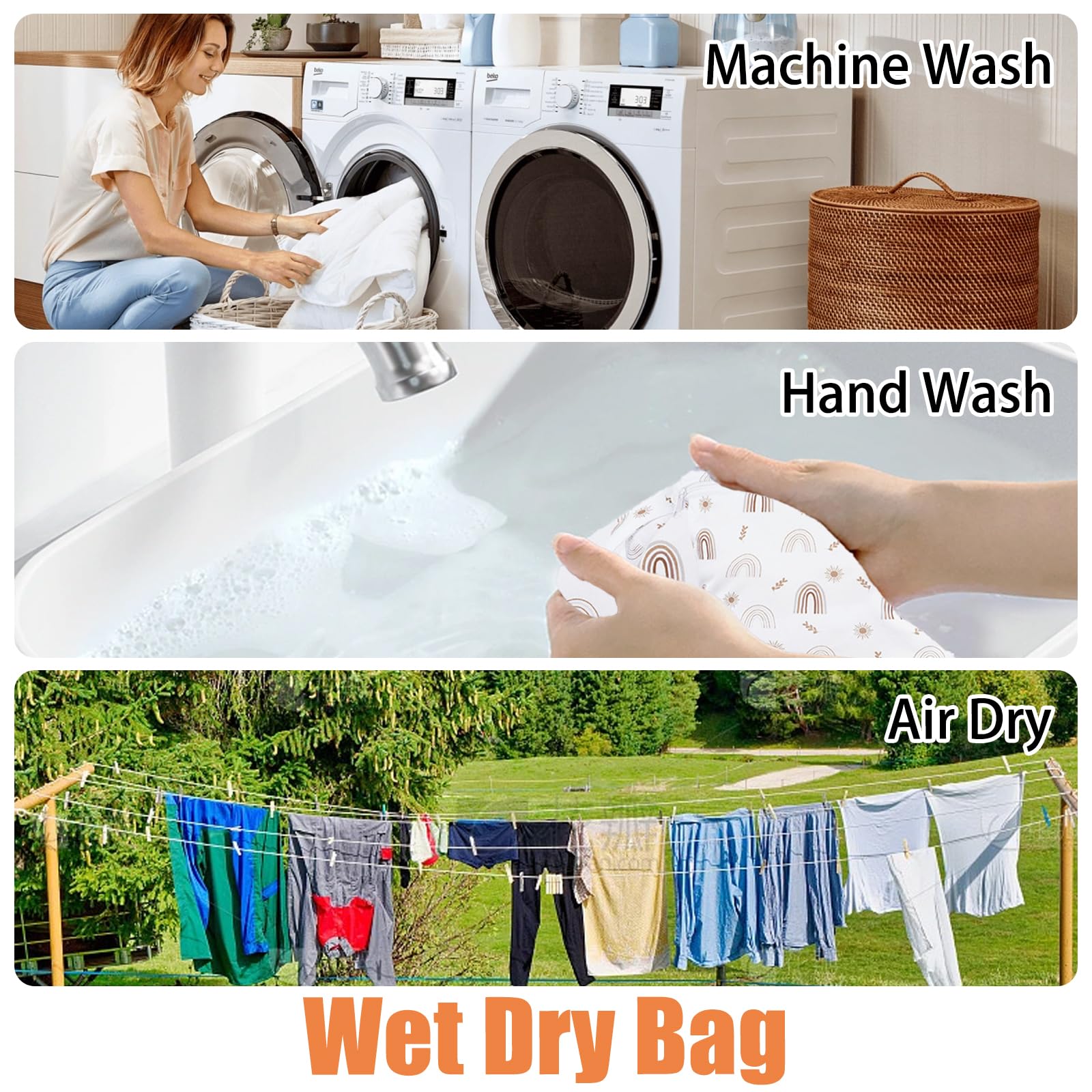 3 Pièces Sac à Couches Lavables, Sac de Couche Réutilisable,Imperméable Sac de Rangement à Couches pour la Natation Camping Voyage Fitness Plage