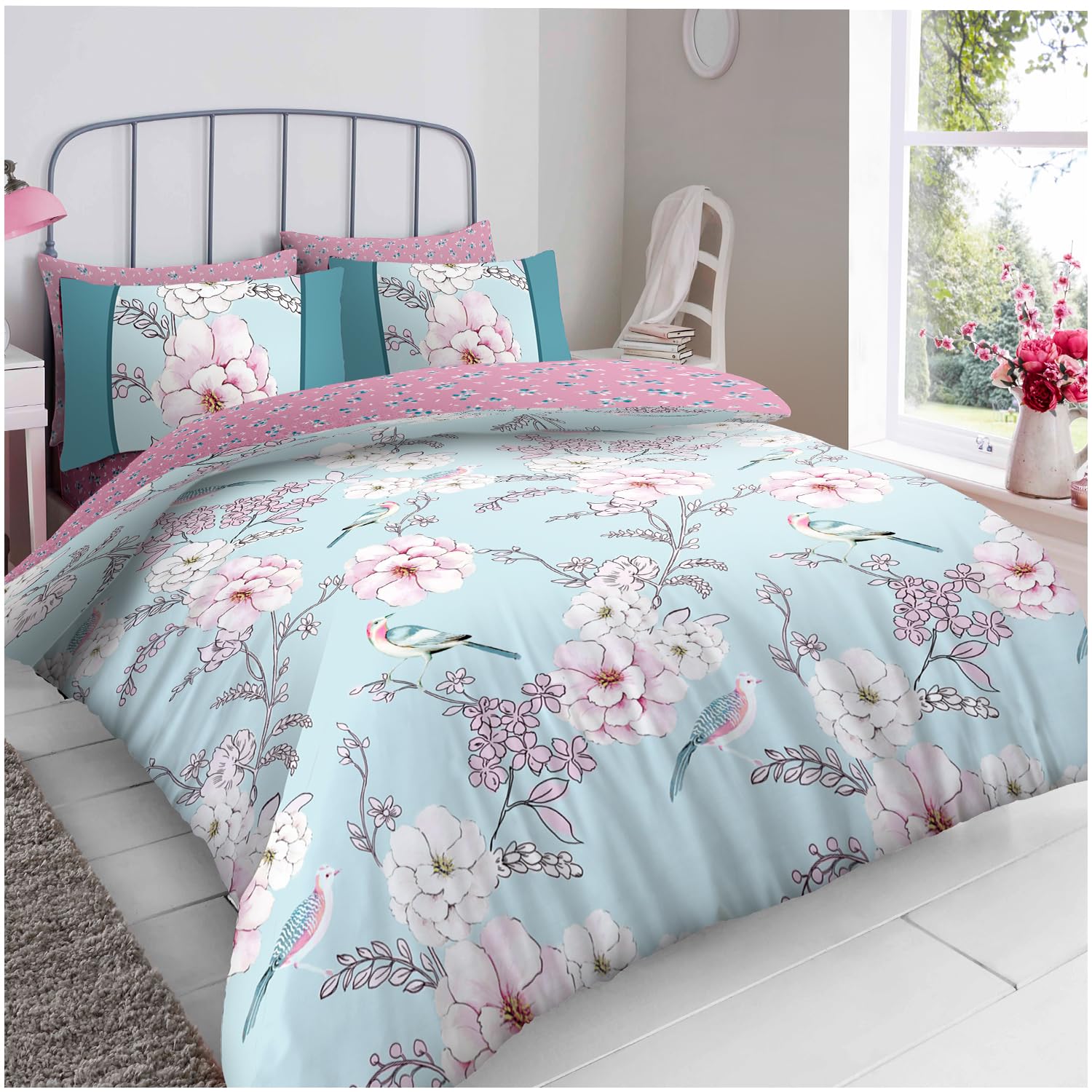 Gc Gaveno Cavailia Gabby - Blue Floral Duvet Cover King Size (230X220cm) - Polycotton Duvet Set 3 Piece Bedding Bed Cover With Pillowcase - Washable Linen - Blue