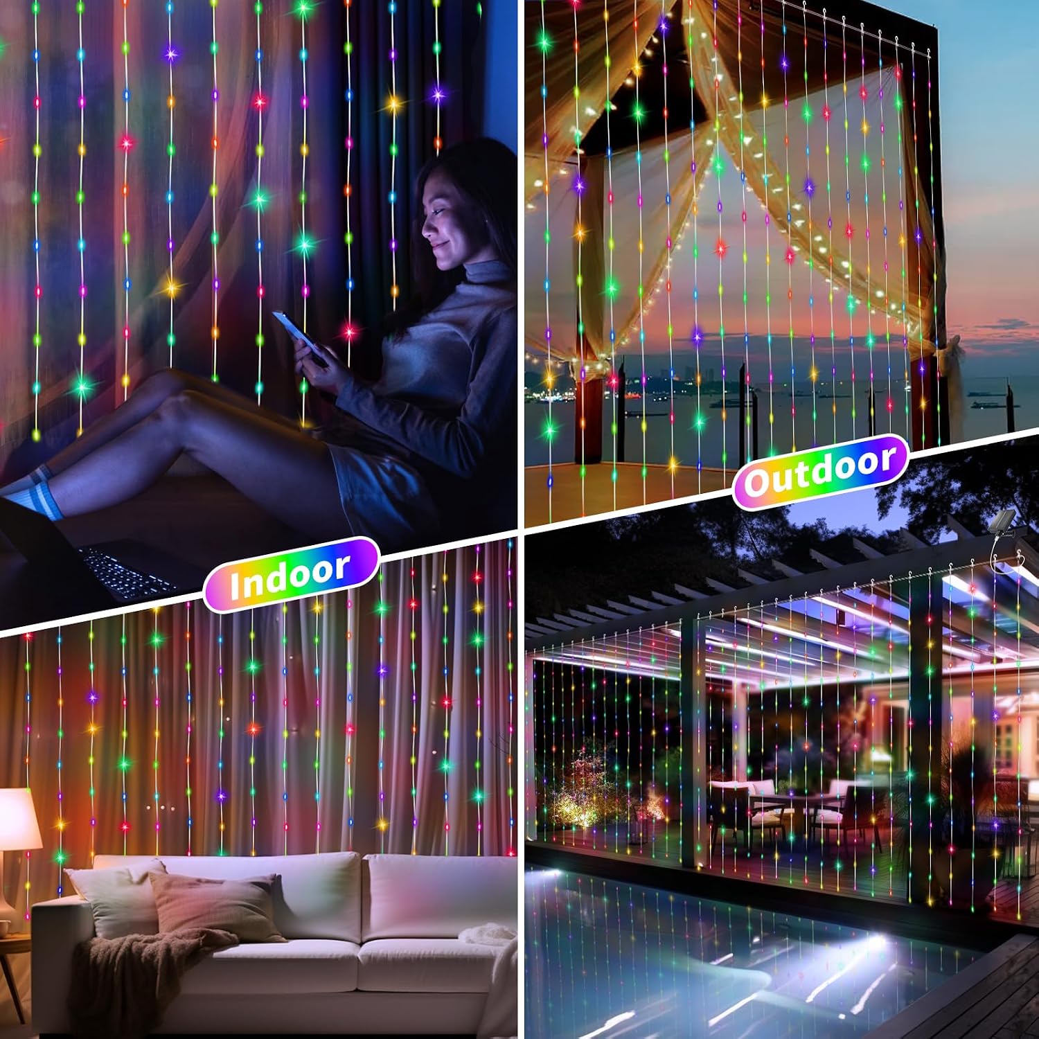 Solar Curtain Lights Outdoor 10 x 10Ft 300LED Waterproof Waterfall Light with 8 Modes Remote USB Rechargeable Dimmable Timer Twinkle Fairy String Lights for Outdoor Christmas Gazebo Wedding Pergola