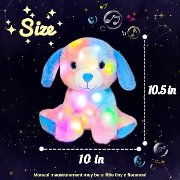 Hopearl LED Musical Stuffed Puppy Lighting Up Singing Plush Toy Adjustable Volume Lullaby Animated Soothe Birthday Festival for Kids Toddler Girls, Rainbow, 10.5''