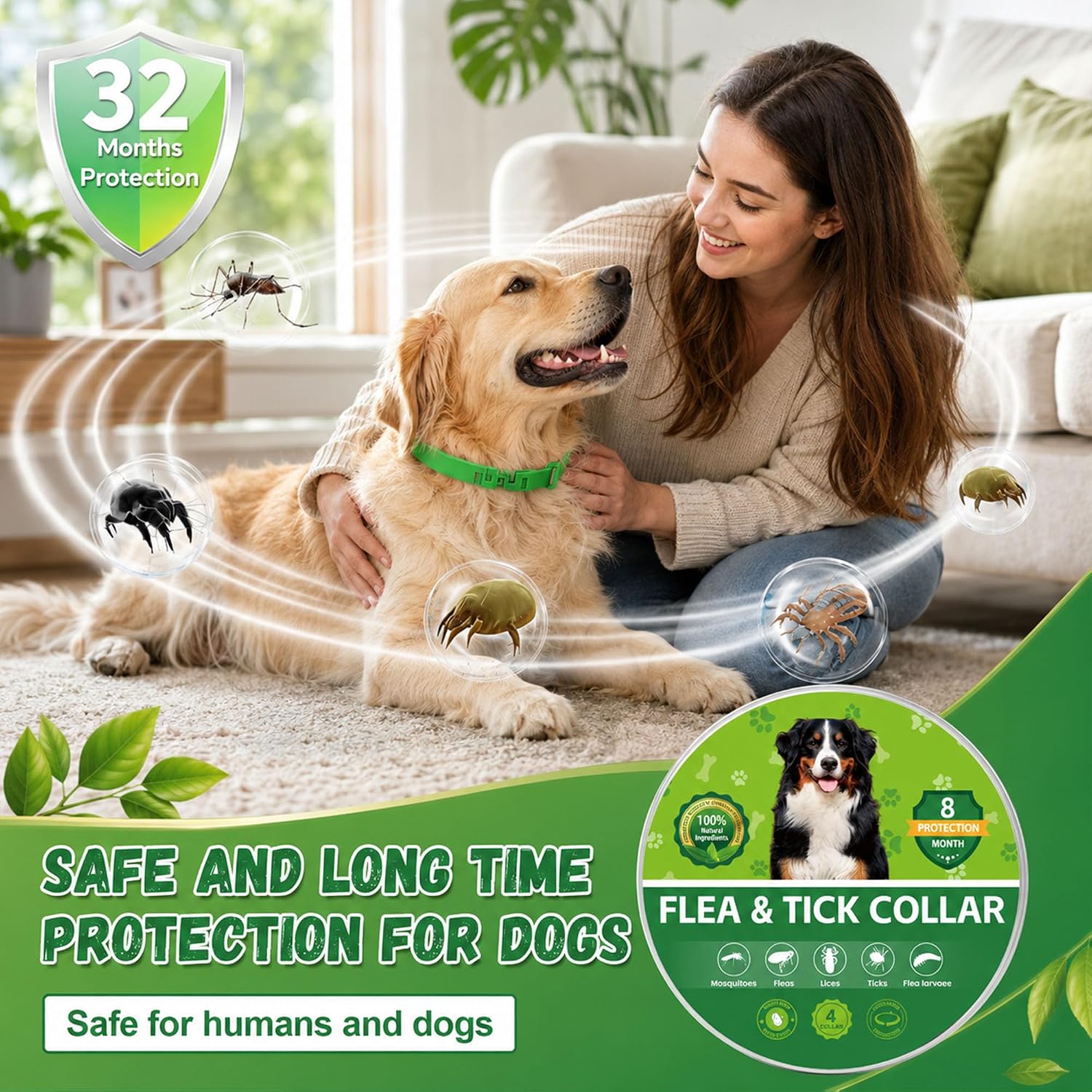 4 Pack Dog Flea Collars for Small Medium Large Dogs, Adjustable | 25 Inch Waterproof Dog Collars, Green