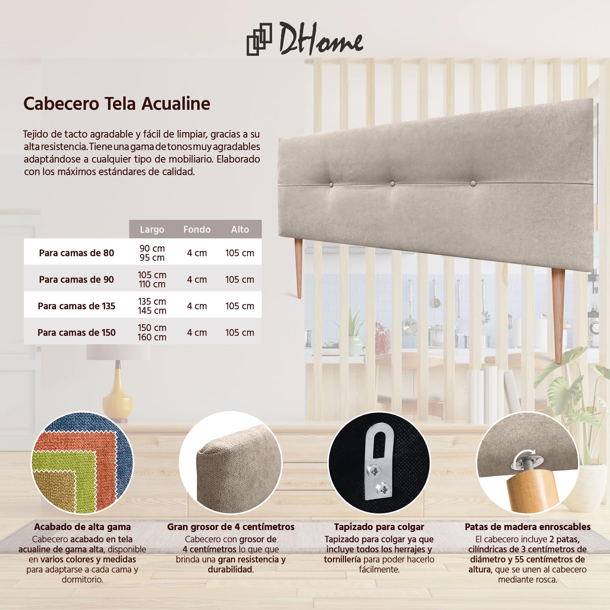 DHOME Tête de Lit Rembourrée en Simili-Cuir ou Tissu AQUALINE avec Pieds (Tissu Beige, 160x105cm pour Lits 150/160)