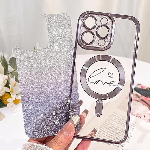 Vista 386 de Fiyart - Funda transparente magnética con purpurina para iPhone 12 para mujeres, con grabado "Love" metálico, protección para cámara y antigolpes