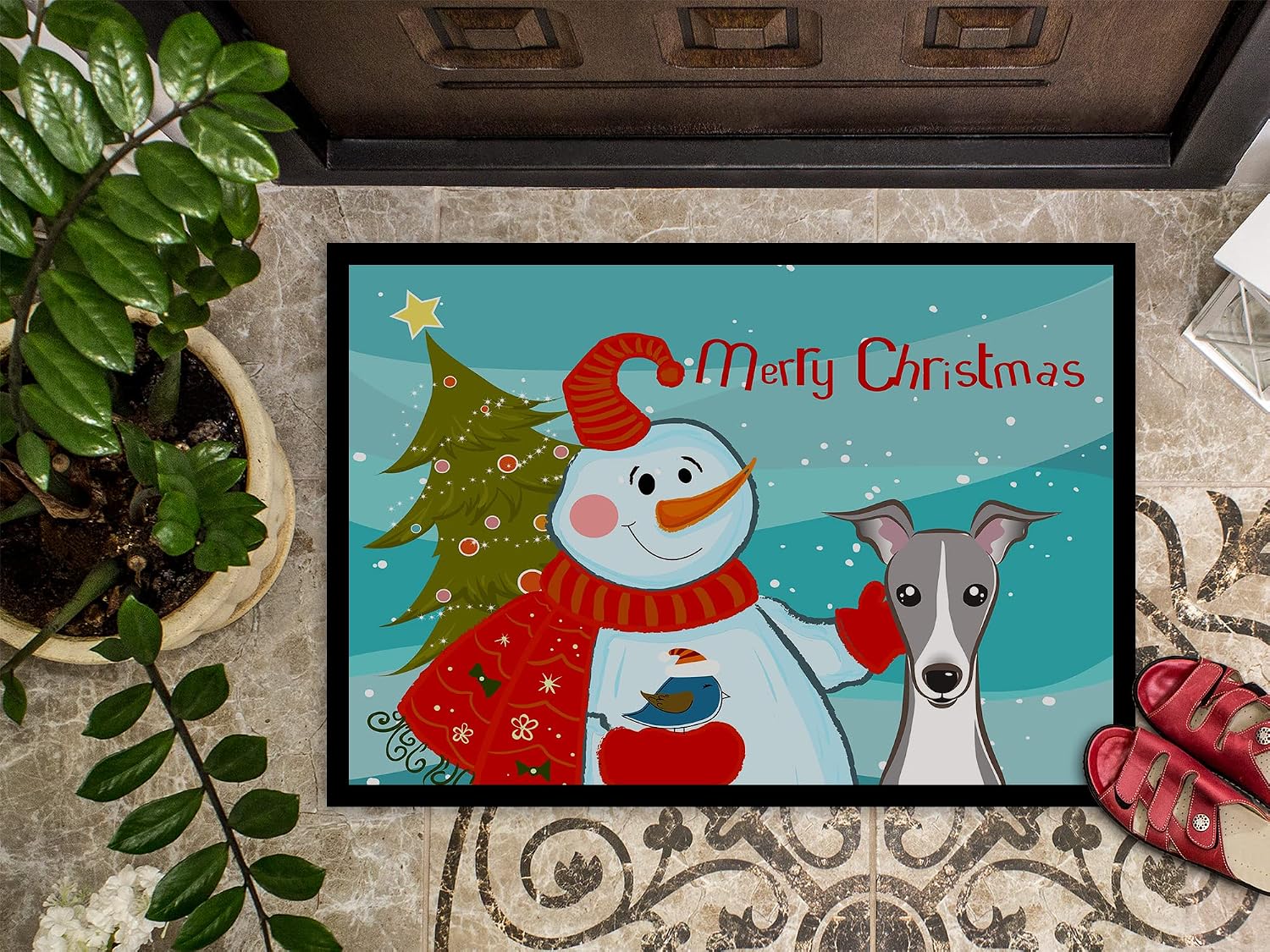 Caroline's Treasures BB1856JMAT Snowman with Italian Greyhound Doormat 24x36 Front Door Mat Indoor Outdoor Rugs for Entryway, Non Slip Washable Low Pile, 24H X 36W