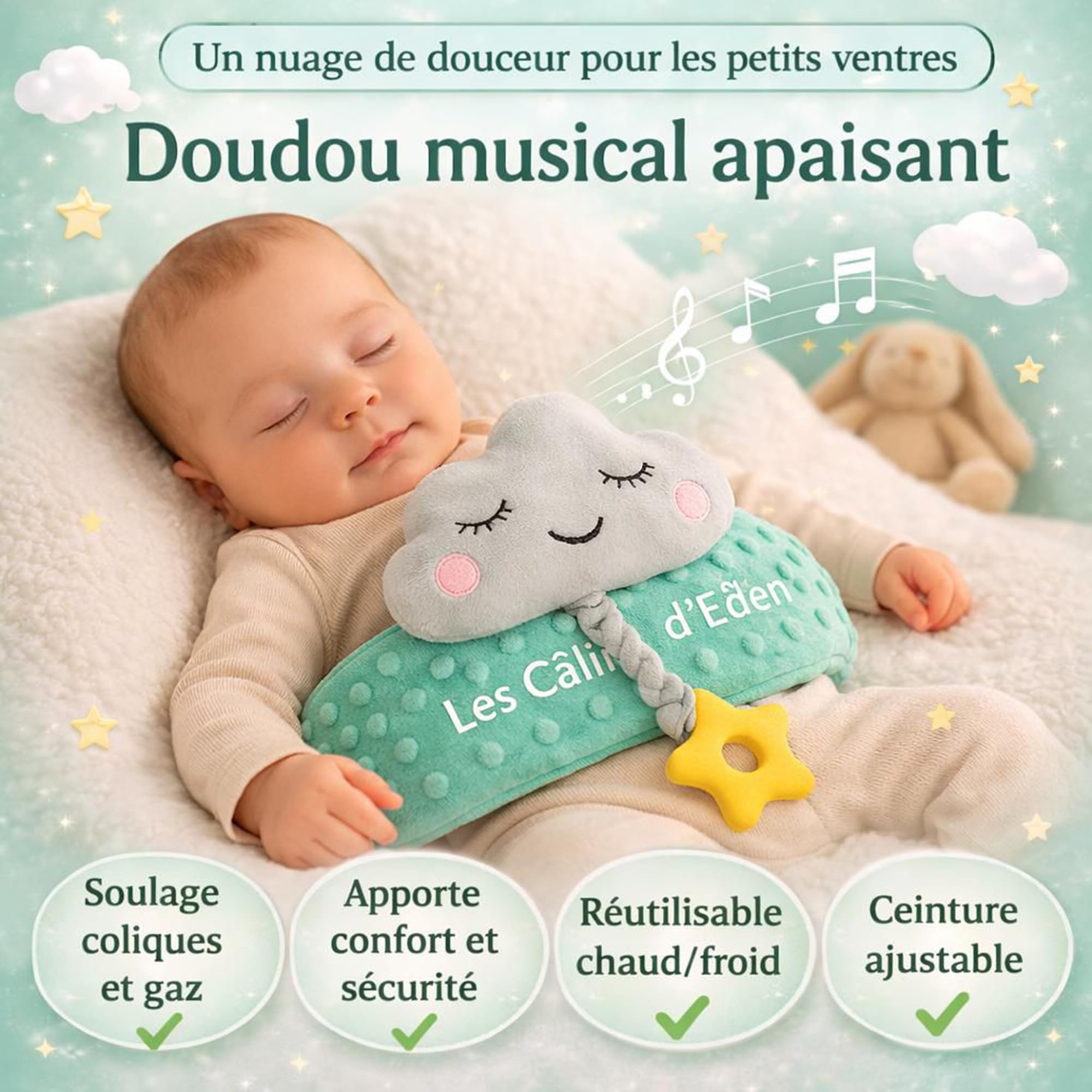 Ceinture bouillotte bébé anti-coliques – poche gel chaud/froid, doudou musical amovible, anneau de dentition silicone étoile, housse satin – soulage coliques & ballonnements – Certifiée CE