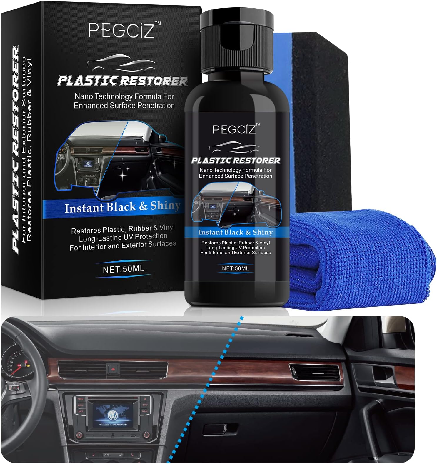Car Plastic Restorer 50ML Plastic Revitalizing Coating Agent Back To Black Nano Plastic Refreshing Coating Prevents Drying Aging Car Plastic Parts Retreading Agent Interior Cleaning Agent (1PCS)