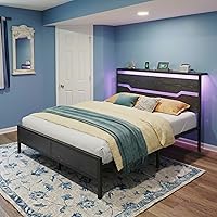 Vista 6 de Estructura de cama tamaño matrimonial con luces LED y estación de carga, estructura de cama completa con cabecero de almacenamiento, 13