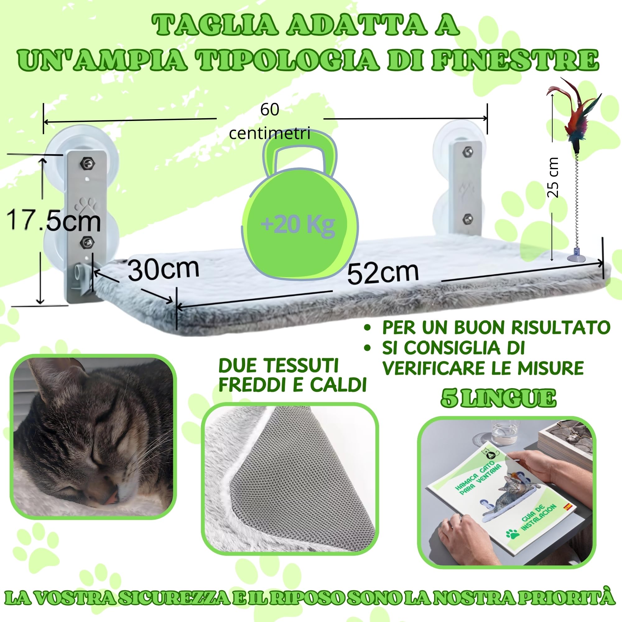 Amaca Gatto Finestra Pieghevole senza Cavi Letto per Gatto con Ventose Stabili Tappeto reversibile con Giocattolo Incluso Codice QR con Istruzioni e Video di Montaggio.