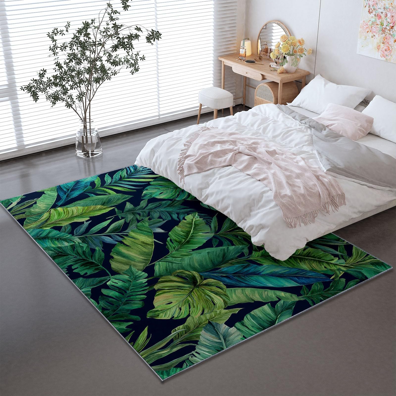 Tapis aquarelle plantes vert 80x150 cm en flanelle douce et lavable pour salon