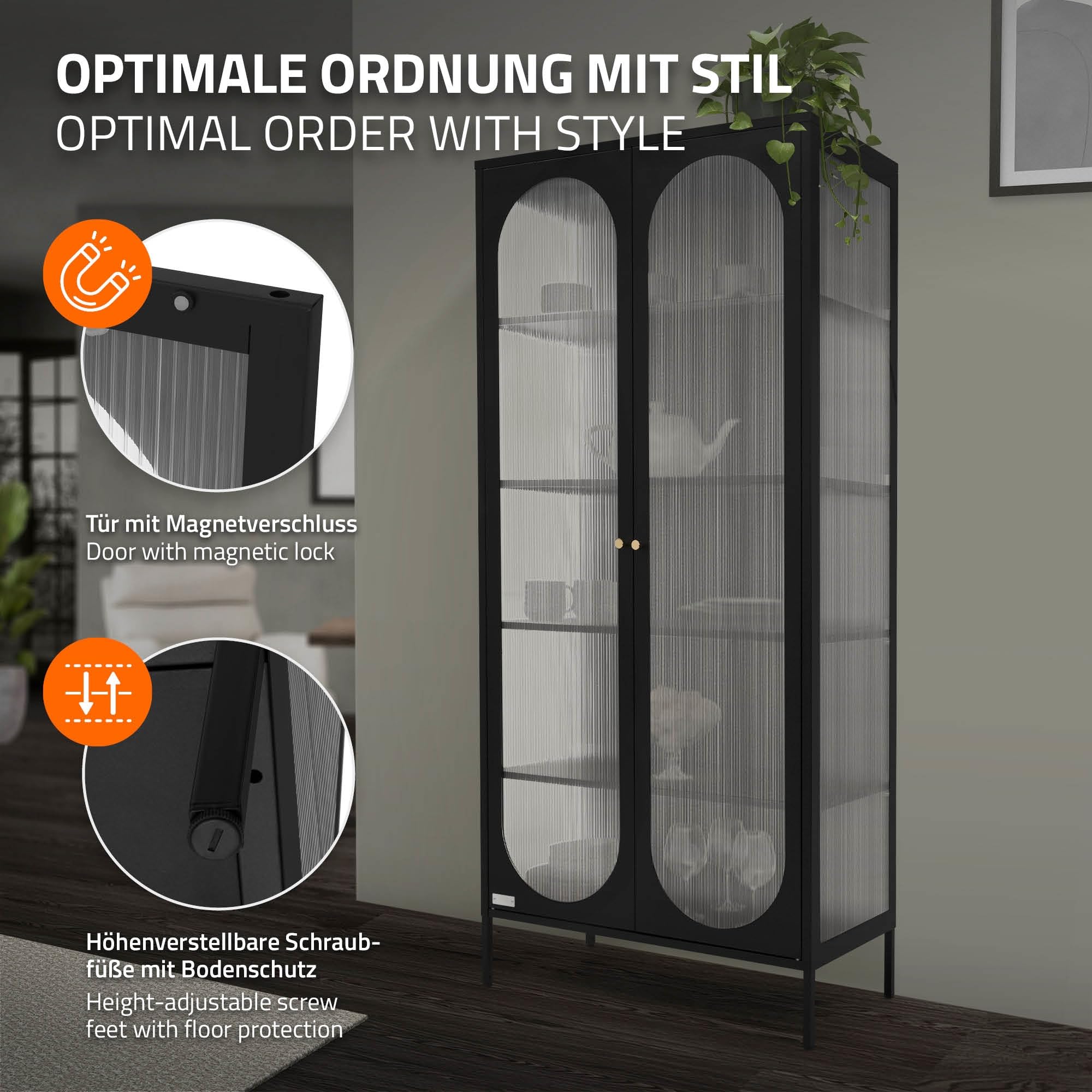 ML-Design Vitrinenschrank 80x175x40 cm, Schwarz, Vitrine mit 5 Ablage-/Regalfächer, 2 Türen, Wohnzimmer Metallschrank aus Stahl, Industrieller Stil, Hochschrank Bücherschrank Aktenschrank Standschrank