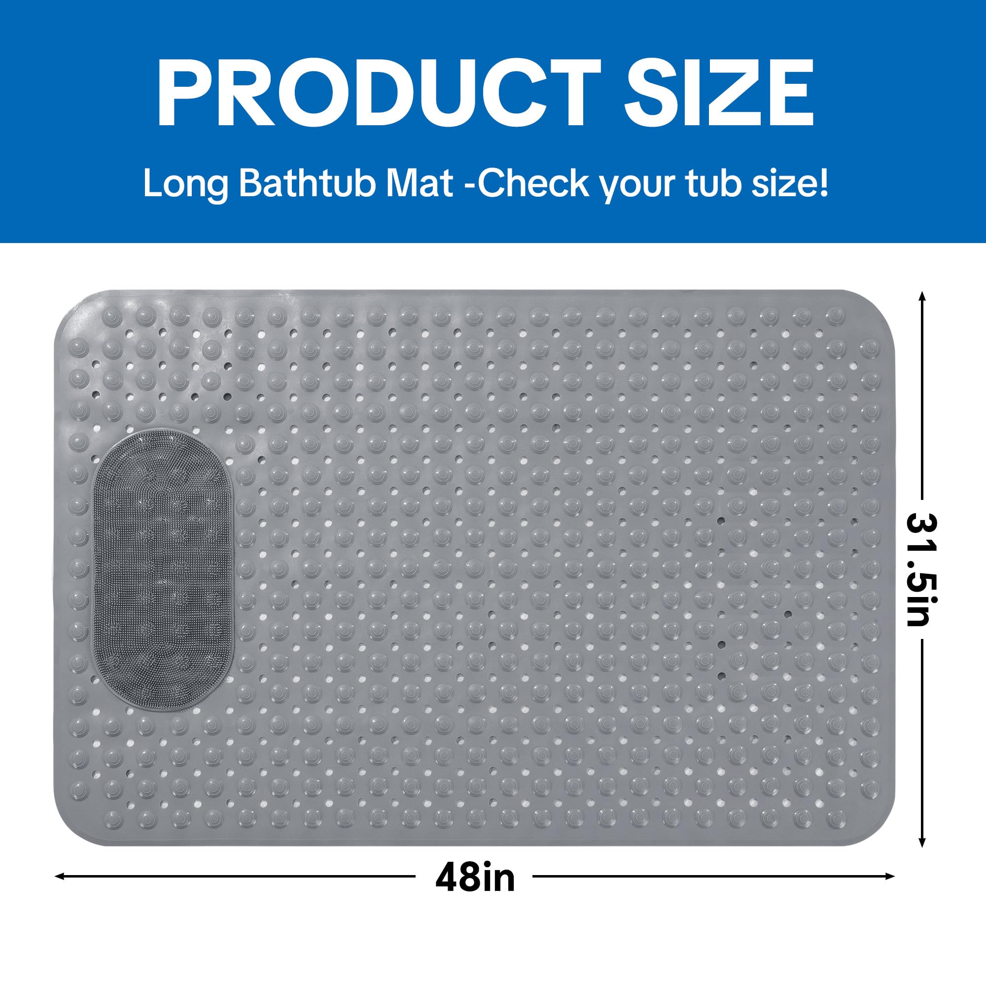 MABOZOO Rutschfeste Duschmatte, 122 x 80 cm, extra große Badewannenmatte mit Fußschrubber, Badematte mit rutschfesten Saugnäpfen und Abflusslöchern für Badezimmerboden, Grau