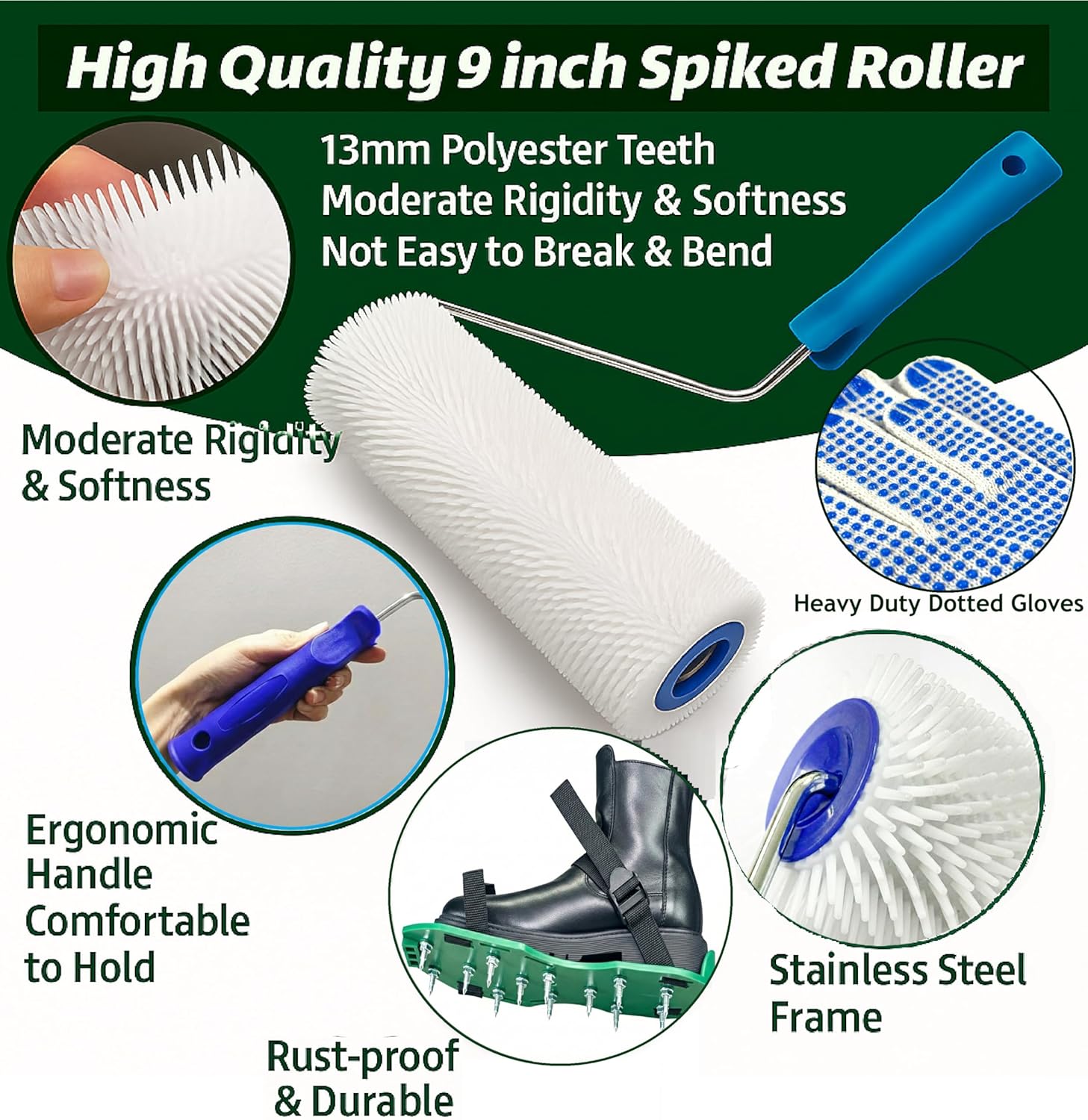 Condition photo showing New/Like New for premium 9 inch spiked roller for self leveling compound epoxy garage floor kit & concrete floor paint includes epoxy spike shoes dotted gloves wall hook screed decking roller tiling on a roll