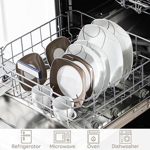 Miniatura 5 de VEWEET juego de vajilla de porcelana de 30piezas, de color blanco marfil con líneas marrones, juego con platos, tazas y platillos, para 6comensales,