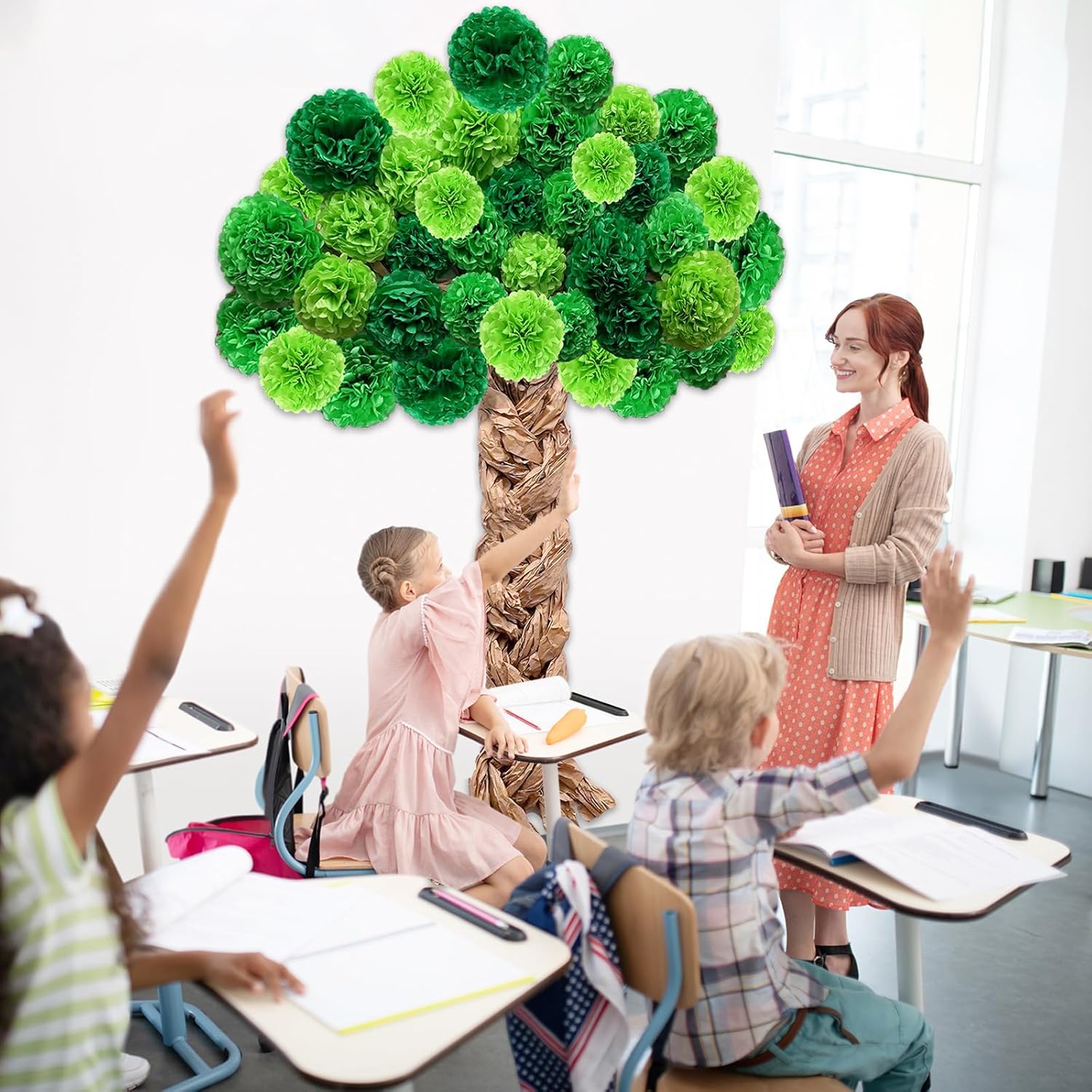 Christmas Tree Bulletin Board Set DIY 3D Tree with Paper Pom Poms Kraft Craft Xmas Bulletin Board Classroom 3D Wall Decorations for Holiday Party School Chalkboard Teacher Supplies(Green)
