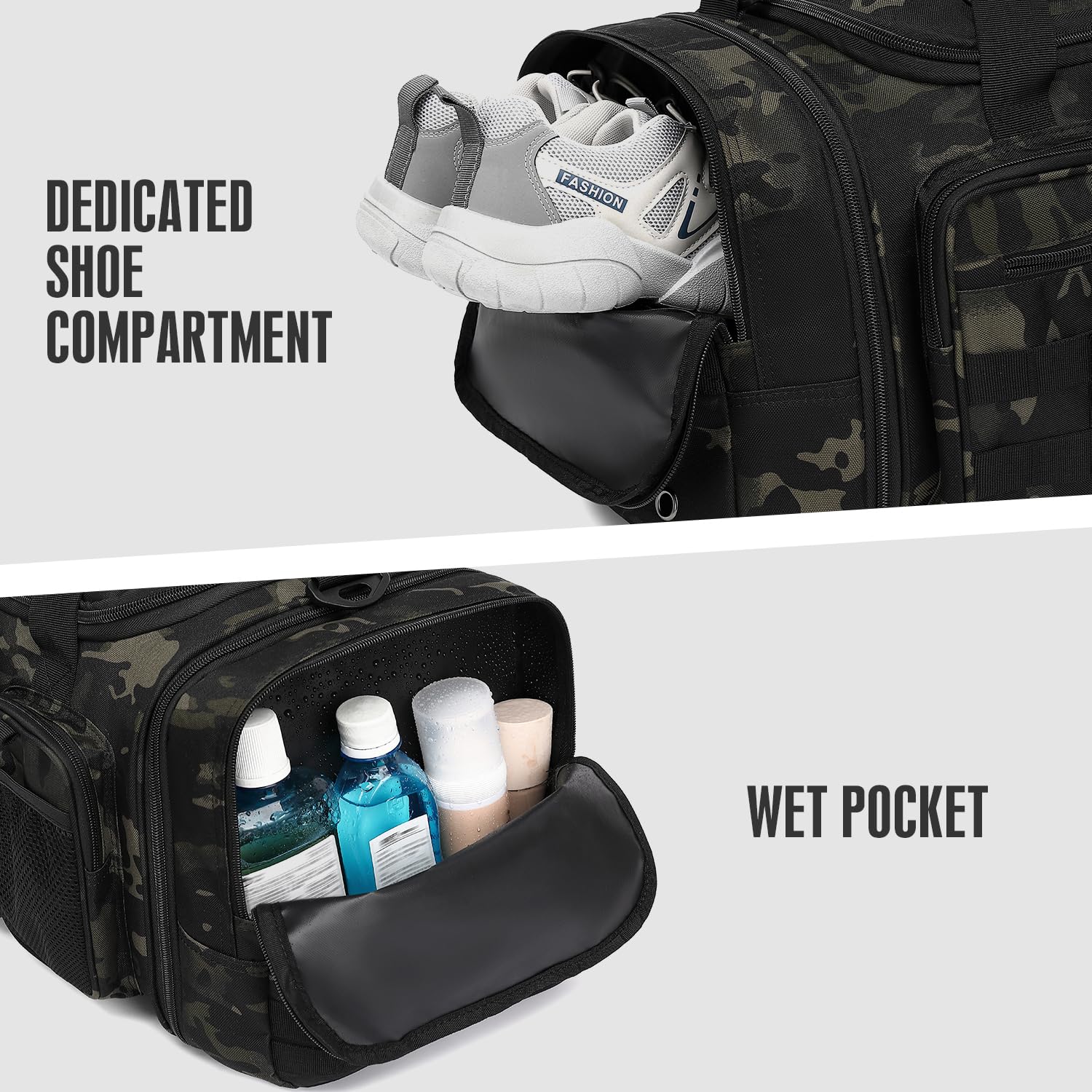 Borsone Tattico Palestra Uomo 50-55 Litri Espandibile 3 in 1 Borsa Zaino Sportiva Grande Militare da Viaggio con Scomparto per Scarpe e Tasca Bagnata per Allenamento, Viaggi, Campeggio, Camo