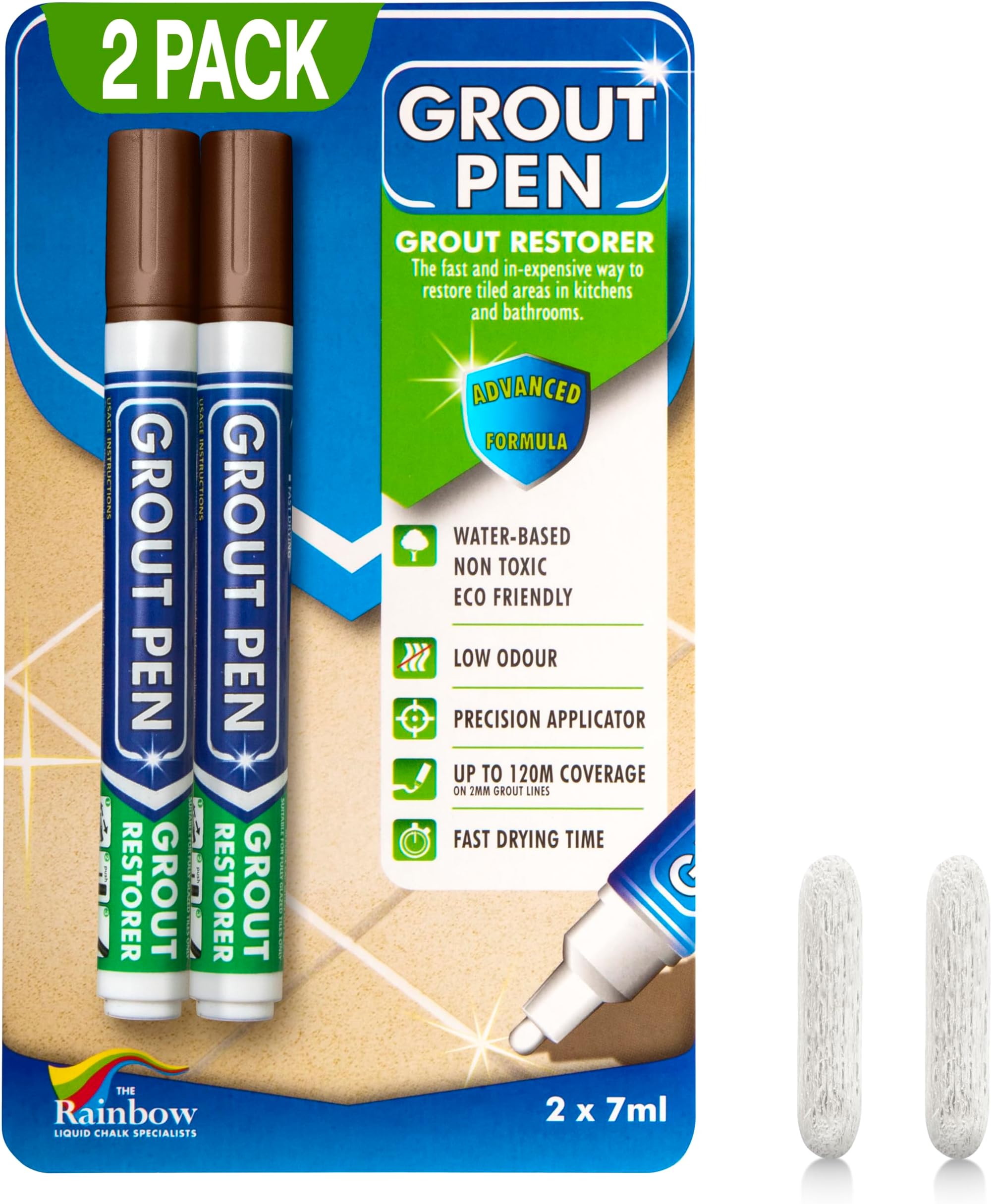 Twin Pack (BROWN) Grout Pen - Designed for restoring tile grout in bathrooms & kitchens
