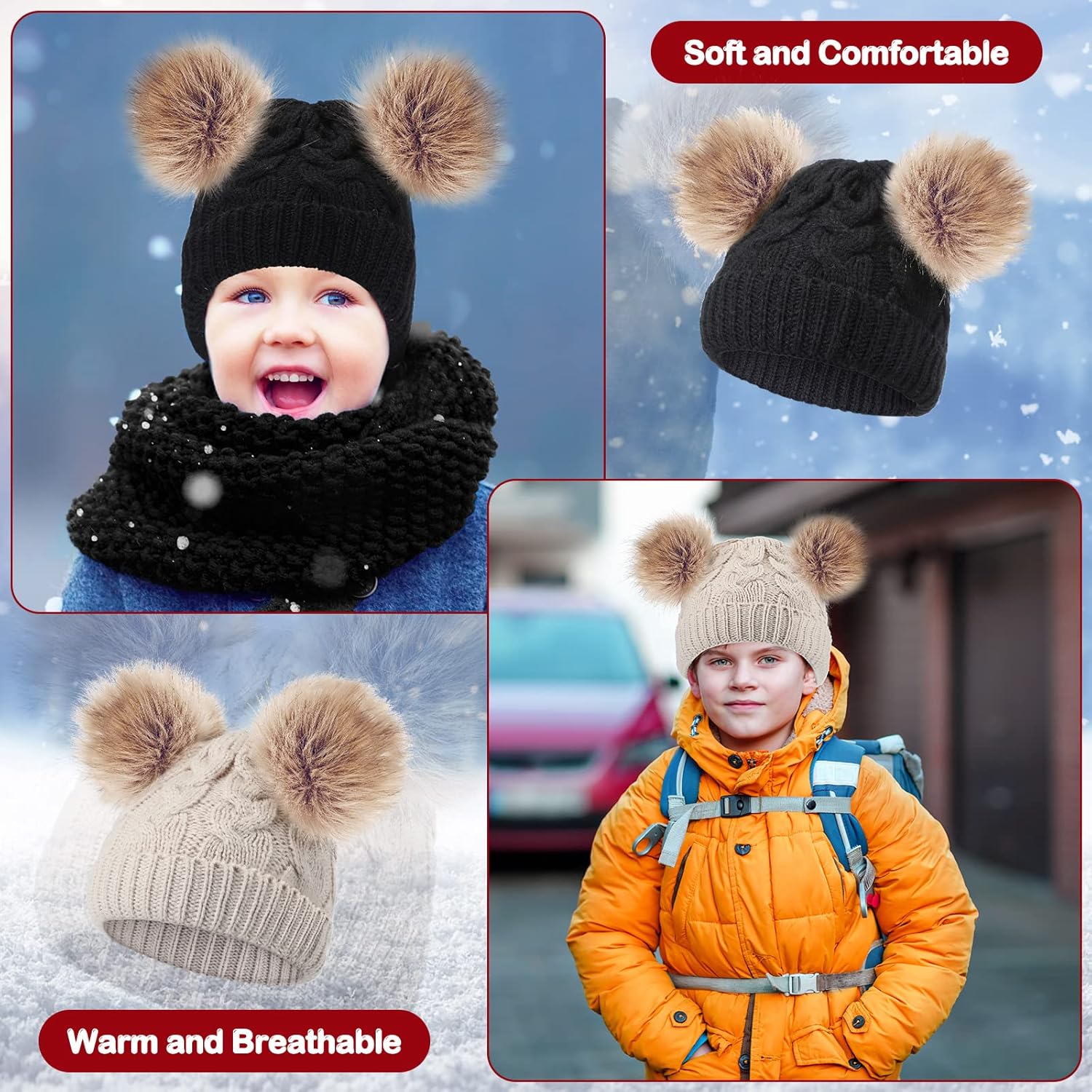 3 Pieces Baby Beanies Toddler Kids Hats Winter Double Pompom Beanies Caps Knitted for Girls Boys - Image 5