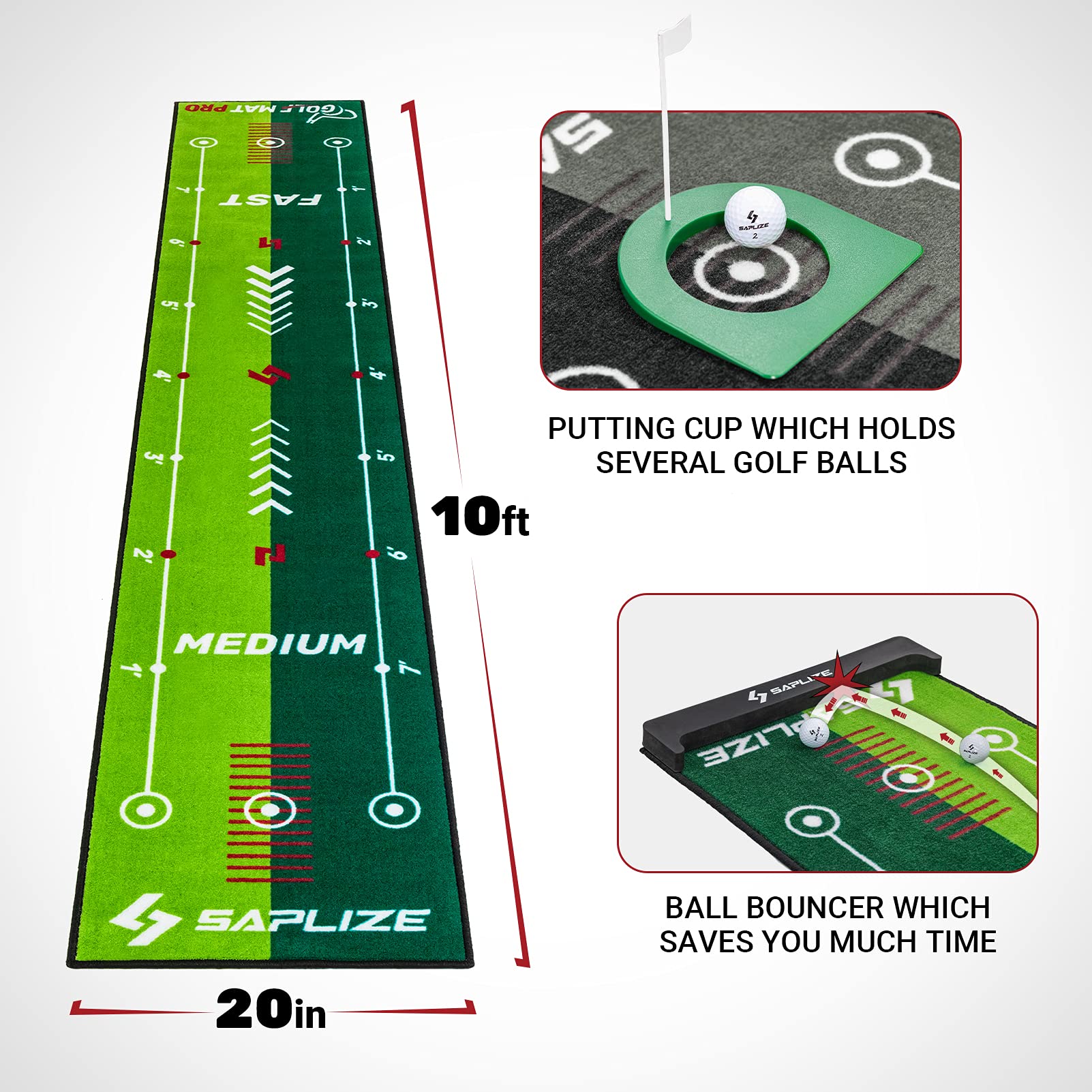 SAPLIZE Tappetino per allenamento da golf a due velocità con specchio per l'allineamento, 20 pollici X 3 m Tappetino per l'allenamento, supporto antiscivolo Putting green per interni/esterni
