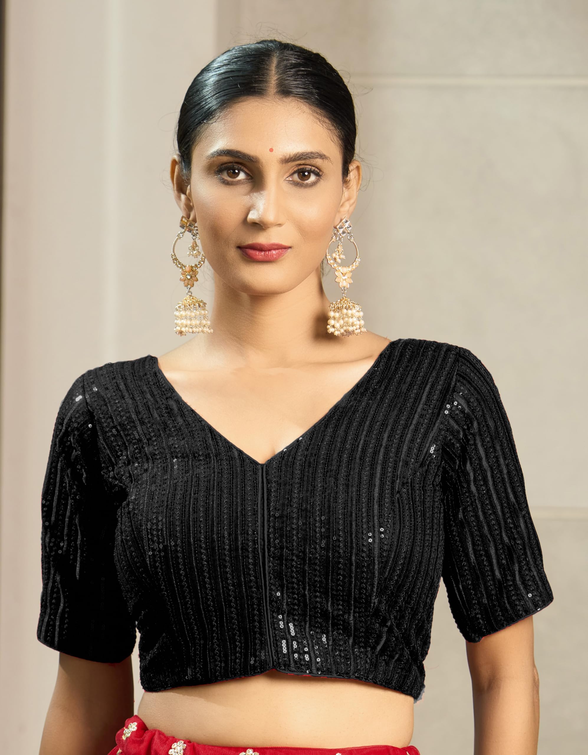 Vihu Fashion Women's Indian Ethnic Wear Designer Silver Sequence With Matching Embroidered Work V Neck Half Sleeve Readymade Padded Saree Blouse Readymade Unique Black Color Saree Blouse