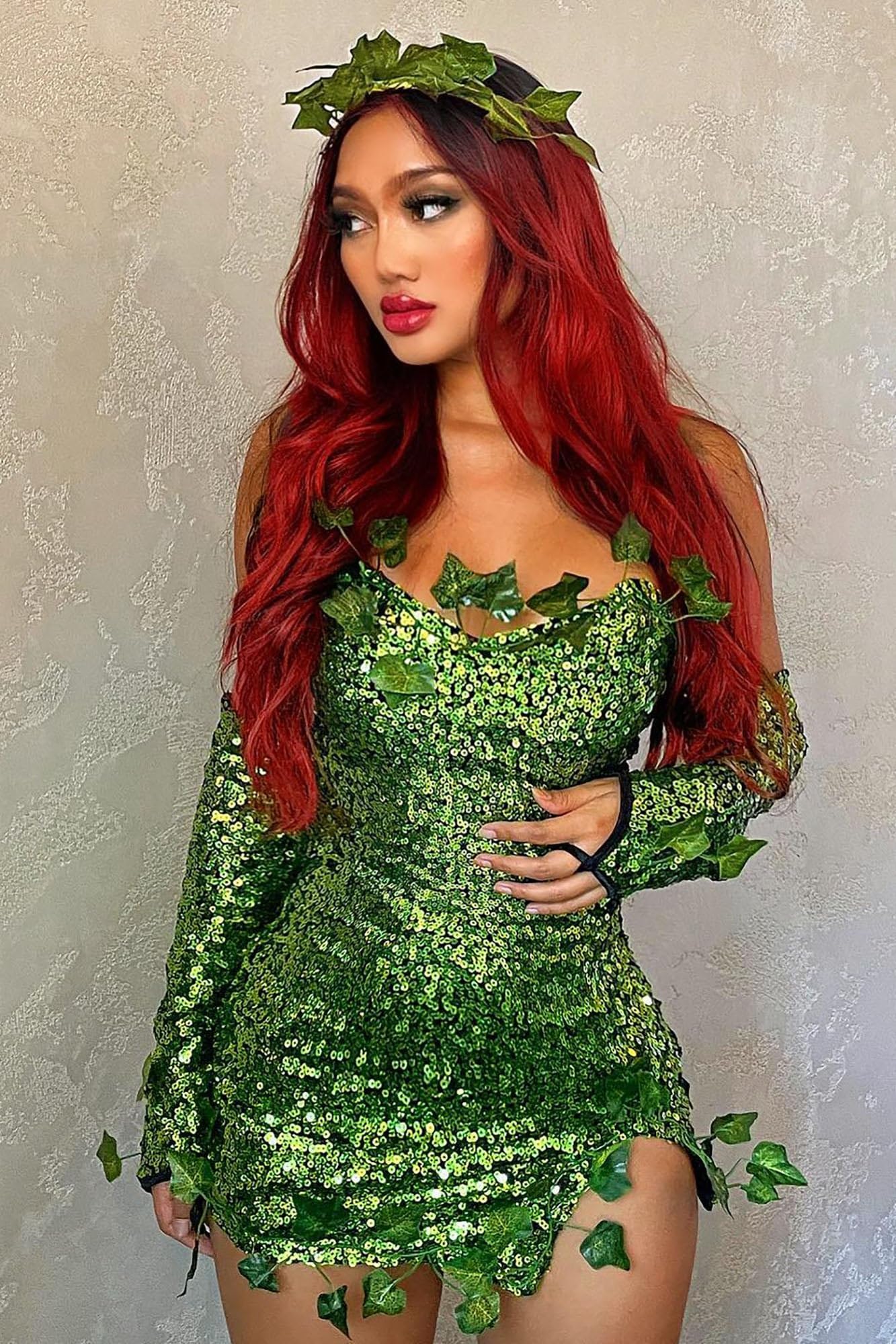 Women Halloween Poison Ivy Costume Deluxe Green Ivy Cosplay Sleeveless Fake Leaves Sequin Dress with Gloves Set Fairy Cosplay Costume (A-Green - Image 2