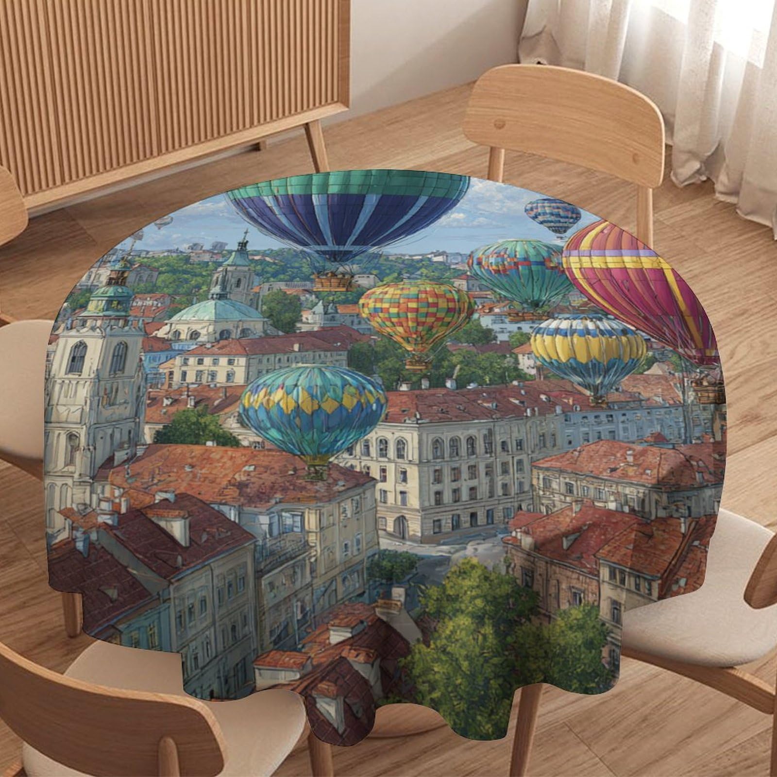 LUYYSKY Colorful Realistic Hot Air Balloon Waterproof Round Tablecloth Modern Painting Art Italian Town Print Washable Table Cover for Kitchen-91.4" Wx91.4 L cm