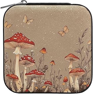 Red Mushrooms Puffball Brown PU leather Portable jewelry box Travel Jewelry Case Organizer jewelry box for women