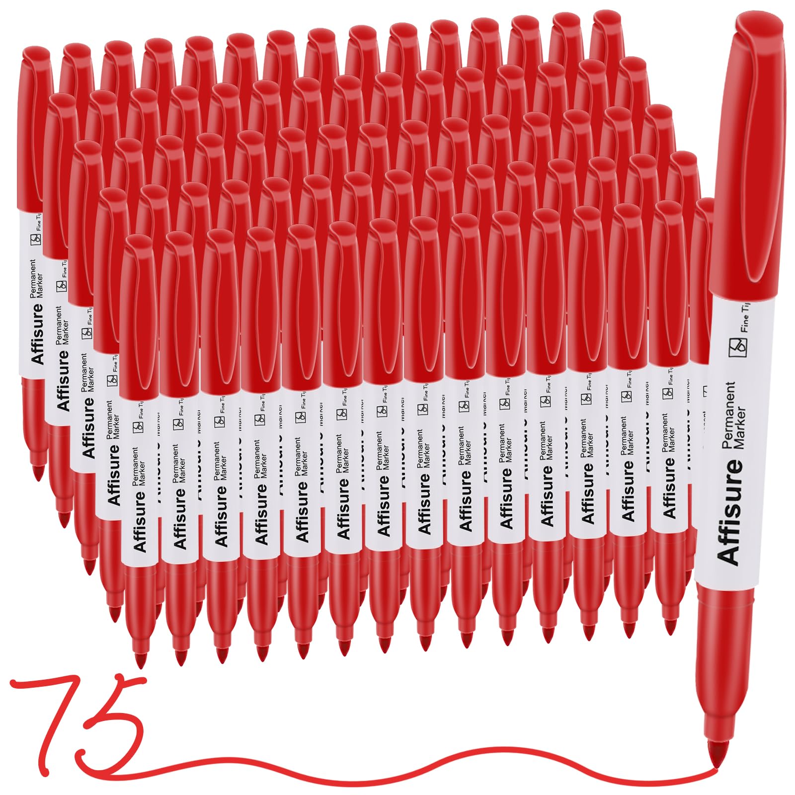 Red Permanent Markers Bulk, 75 Count, Quick Drying and Fade Resistant, Fine Point Marker works on Paper, Plastic, Metal, Wood, Perfect for Classroom, Home, Office