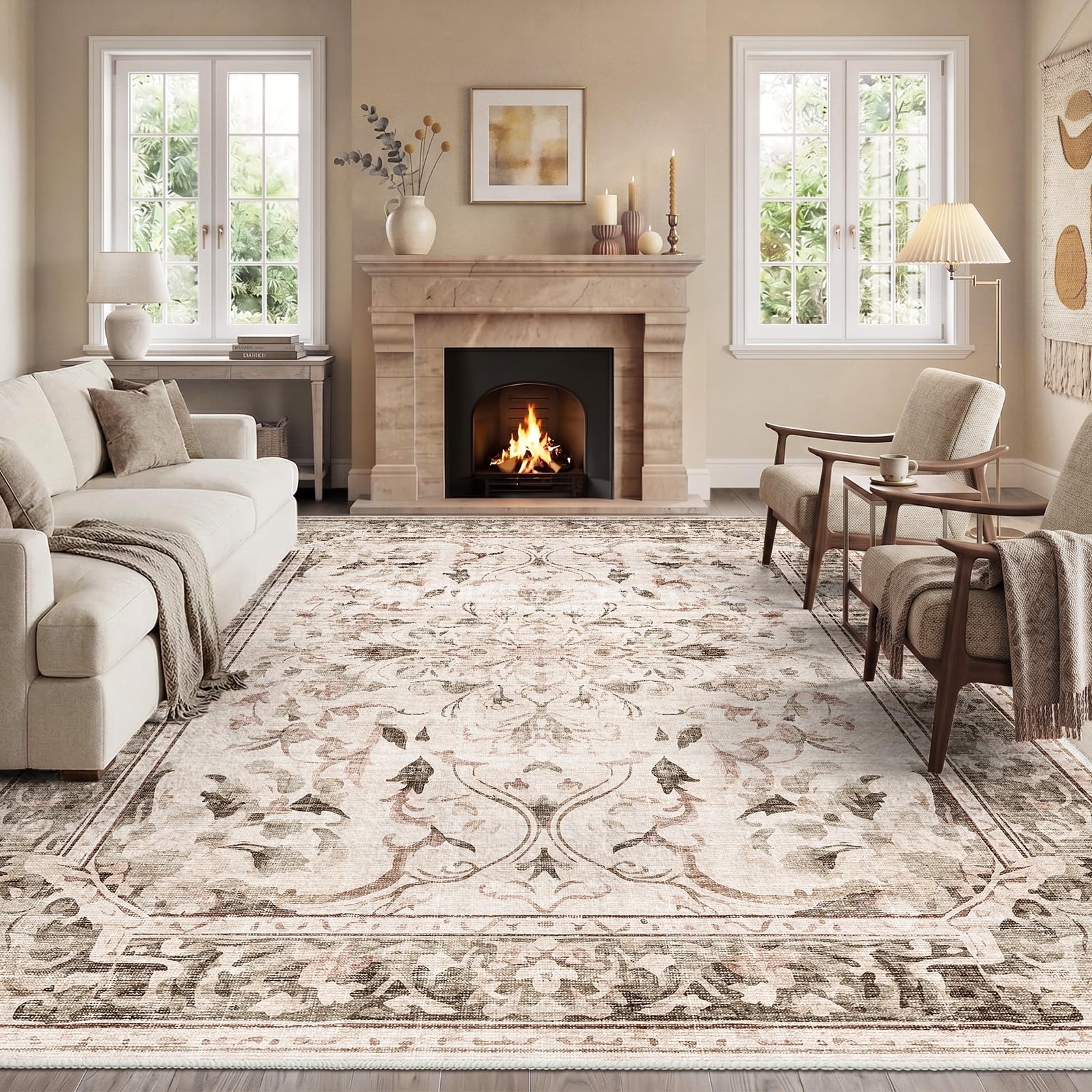 IKALIFE Teppich Wohnzimmer Vintage 160x230cm Waschbar Beige | Großer Waschbarer Kurzflor Teppich mit Blumenmuster, Rutschfest, Weich und ideal für Wohnzimmer, Schlafzimmer und Esszimmer