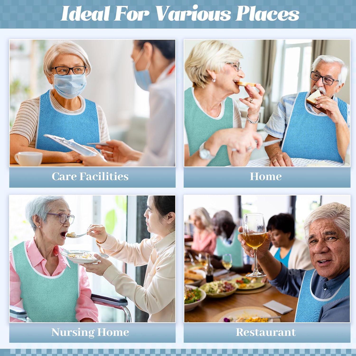 12 Pack Adult Bibs for Men Women Washable Adjustable Elderly Bib with Hook and Loop Sticker for Old Disabled Eating