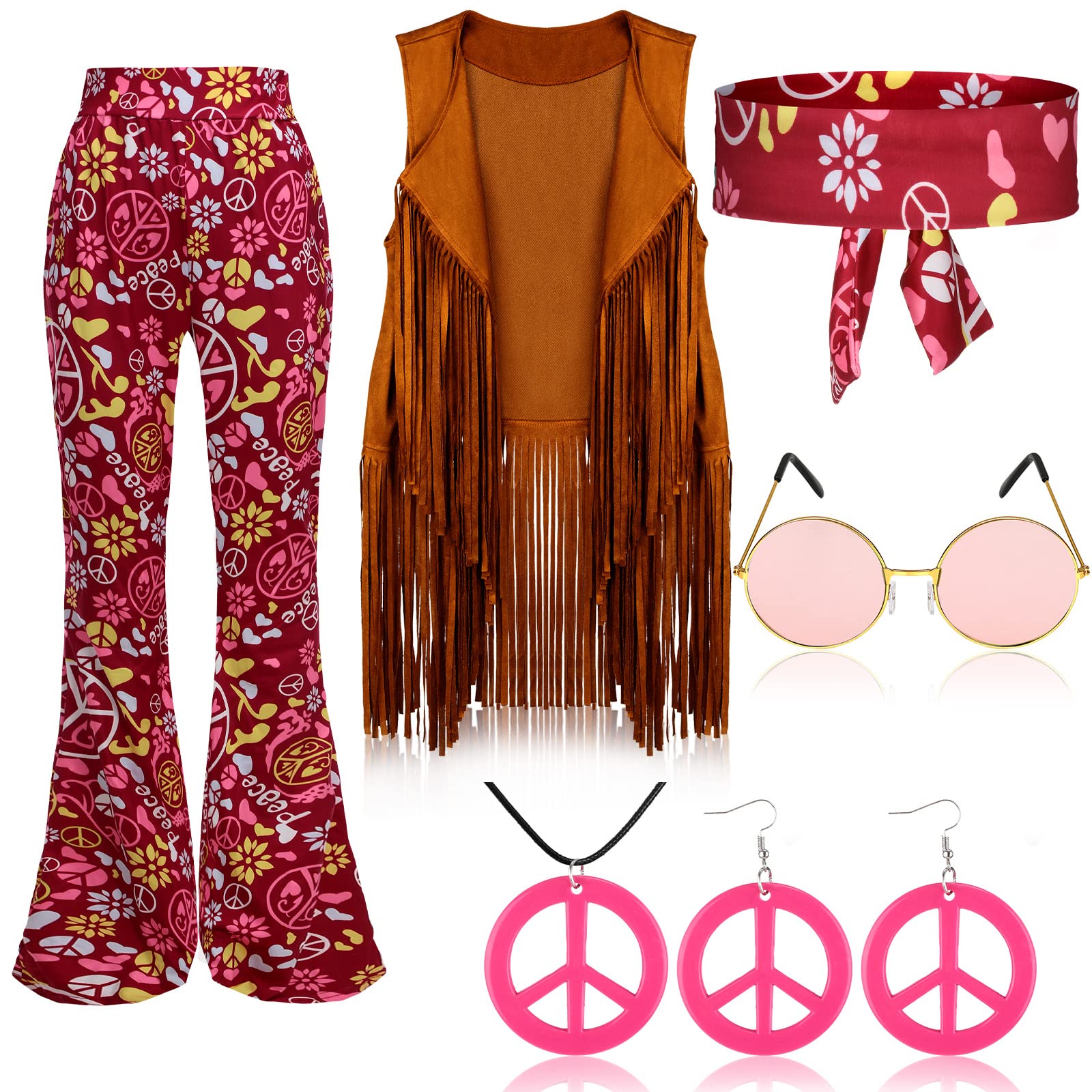 Jenaai 7 Pcs Kids 60s 70s Hippie Outfits for Girls Costume Set Boho Flared Pants Hippie Outfits Accessories Set (Lively, Medium)