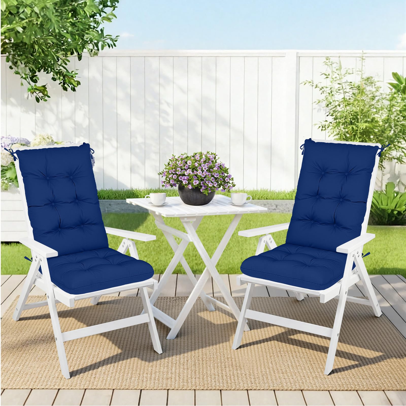 RIMEPATIO - Cuscino per sedia da esterno con schienale alto, 120 x 45 cm, spessore 8 cm, trapuntato, impermeabile, in rattan, con legacci, per sedie da giardino e patio, sedie a sdraio, blu