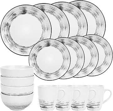 Homlouue 16 Pcs Stoneware Dinnerware Sets for 4, Porcelain Farmhouse Plates Bowls Mugs Set - Minimalist Chip Resistant Dish Set, Microwave & Dishwasher Safe in White and Black Thread