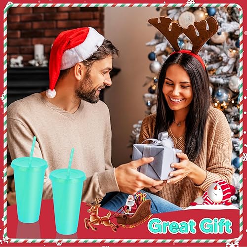 Vista 30 de Paquete de 24 vasos de plástico con tapas y popote, vasos reutilizables con tapas y pajillas, vasos coloridos para bebidas frías, café helado, vasos