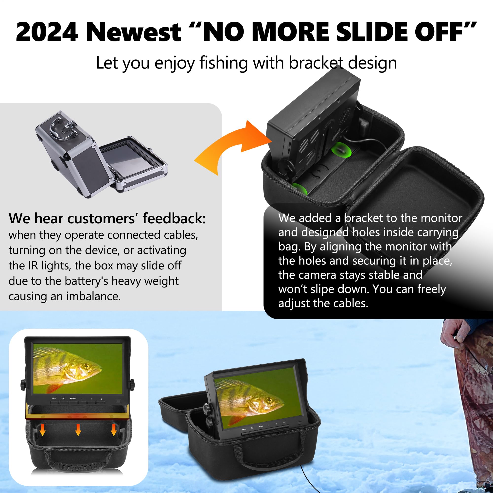 FishPRO Caméra de pêche sous-marine de 17,8 cm 1200TVL DVR-32 Go avec support [Ne glisse pas] Caméra de pêche sur glace avec 12 IR + 12 LED, détecteur de poissons portable pour pêche sur glace, kayak