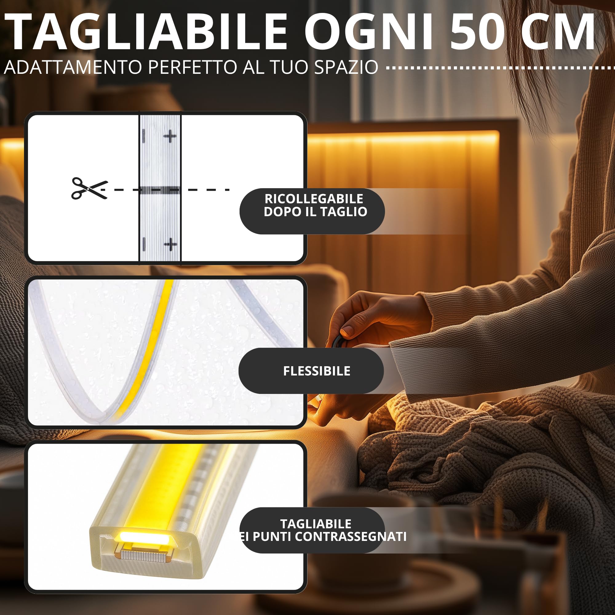 Strisce led 220V 10 metri per esterni IP65 Striscia esterno impermeabile bianco caldo 3000K strip led