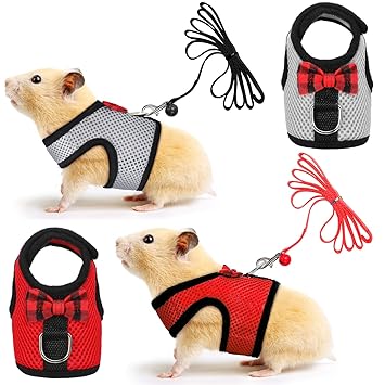 SATINIOR 2 Pieces Guinea Pig Harness and Leash Soft Mesh Small Pet Harness with Safe Bell, No Pulling Comfort Padded Vest for Guinea Pigs, Ferret, Chinchilla and Similar Small Animals(Grey, Red,S)