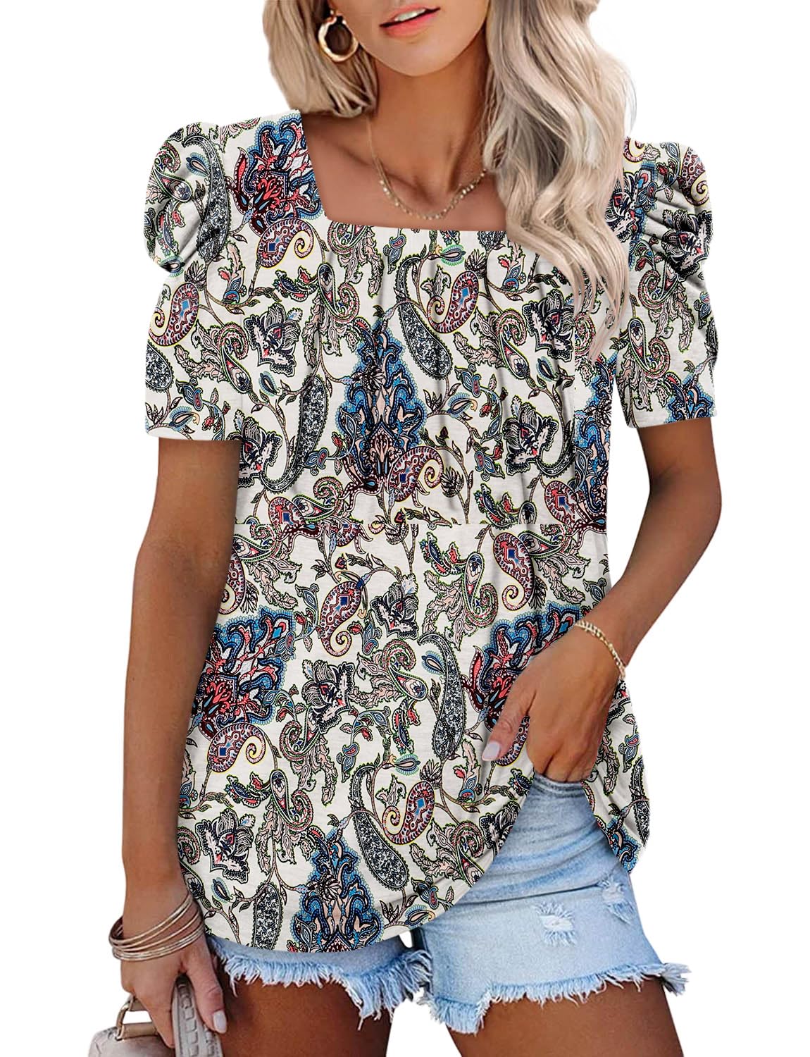 CRAZY GRIDWomens Trendy Summer Tops Puff Sleeve Loose Fit Shirts Dressy Casual Blouses